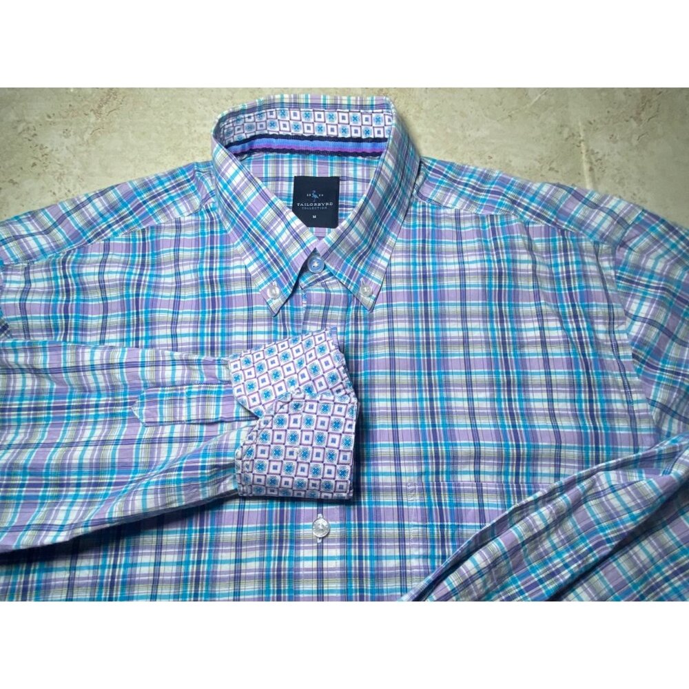 Tailorbyrd‎ Mens Plaid Long-Sleeve Cotton Shirt M Purple & Blue